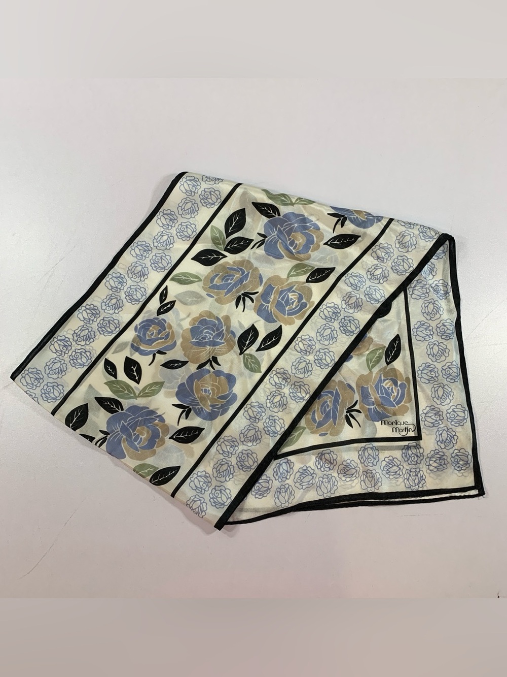 Vintage 70s Monique Martin Silk Scarf White Black Blue Rose Floral Made In Japan